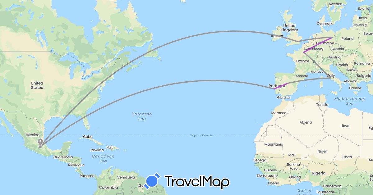 TravelMap itinerary: driving, plane, train in Germany, Spain, France, United Kingdom, Italy, Mexico, Portugal (Europe, North America)
